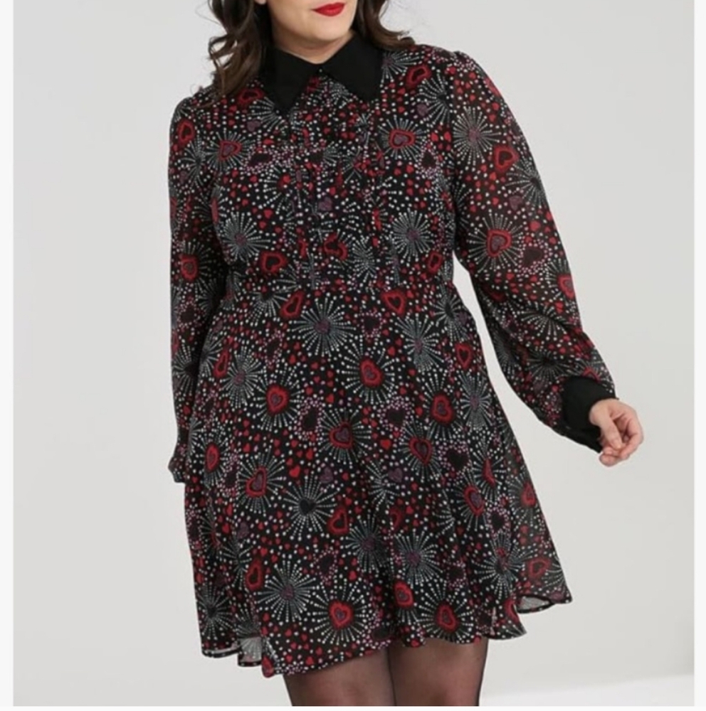 Hell Bunny Black Long Sleeve Heart & Firework Print Dress